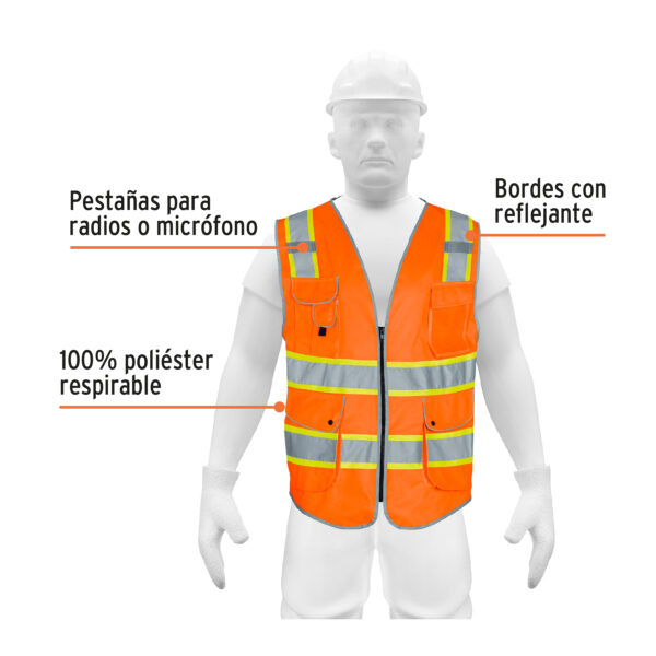 CHALECO REFORZADO CINTA 2" CON CIERRE Y 9 BOLSAS NARANJA - Imagen 2