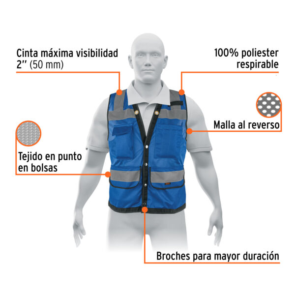 CHALECO REFORZADO CINTA 2" CON BROCHES Y 8 BOLSAS AZUL - Imagen 2
