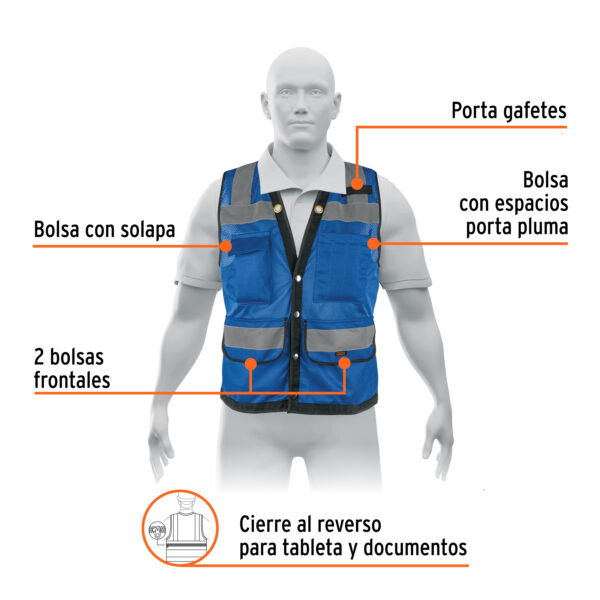 CHALECO REFORZADO CINTA 2" CON BROCHES Y 8 BOLSAS AZUL - Imagen 3