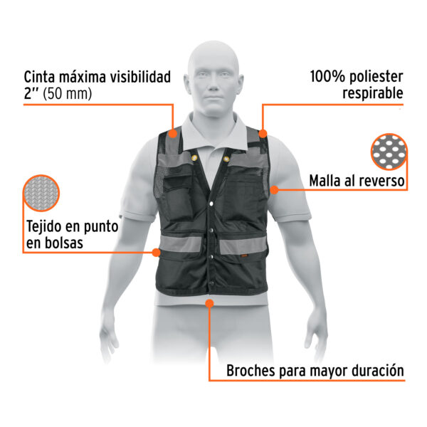 CHALECO REFORZADO CINTA 2" CON BROCHES Y 8 BOLSAS NEGRO - Imagen 2