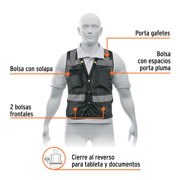 CHALECO REFORZADO CINTA 2" CON BROCHES Y 8 BOLSAS NEGRO - Imagen 3