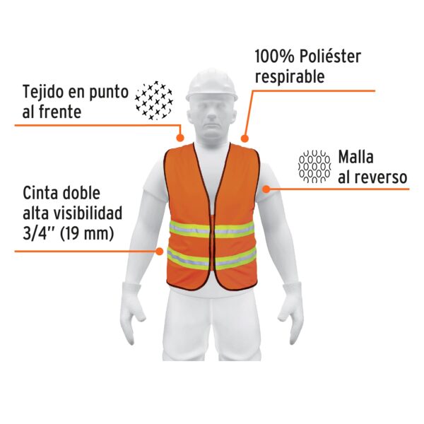 CHALECO CON CINTAS DOBLES 3/4" ALTA VISIBILIDAD CON CIERRE NARANJA - Imagen 2
