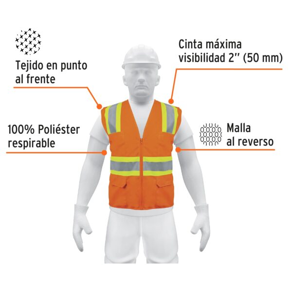 CHALECO CON CINTAS DOBLES 2" MAXIMA VISIBILIDAD CON CIERRE Y 6 BOLSAS NARANJA - Imagen 2