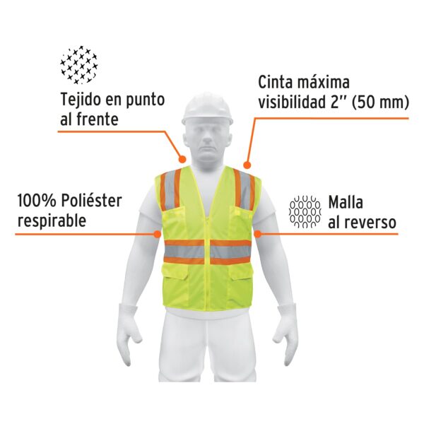 CHALECO CON CINTAS DOBLES 2" MAXIMA VISIBILIDAD CON CIERRE Y 6 BOLSAS VERDE - Imagen 2
