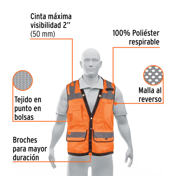 CHALECO REFORZADO CINTA 2" CON BROCHES Y 8 BOLSAS NARANJA - Imagen 3