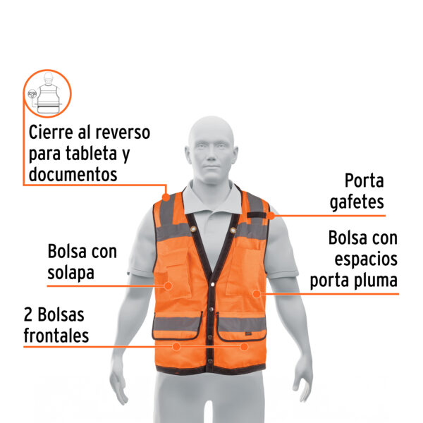 CHALECO REFORZADO CINTA 2" CON BROCHES Y 8 BOLSAS NARANJA - Imagen 2