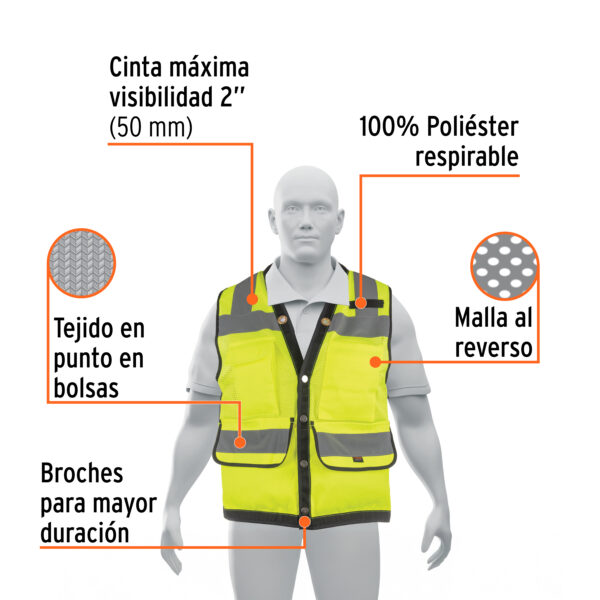 CHALECO REFORZADO CINTA 2" CON BROCHES Y 8 BOLSAS VERDE - Imagen 3