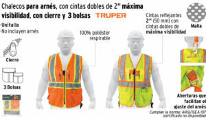 CHALECOS PARA ARNES, CON CINTAS DOBLES DE 2", MAXIMA VISIBILIDAD, CON CIERRE Y 3 BOLSAS